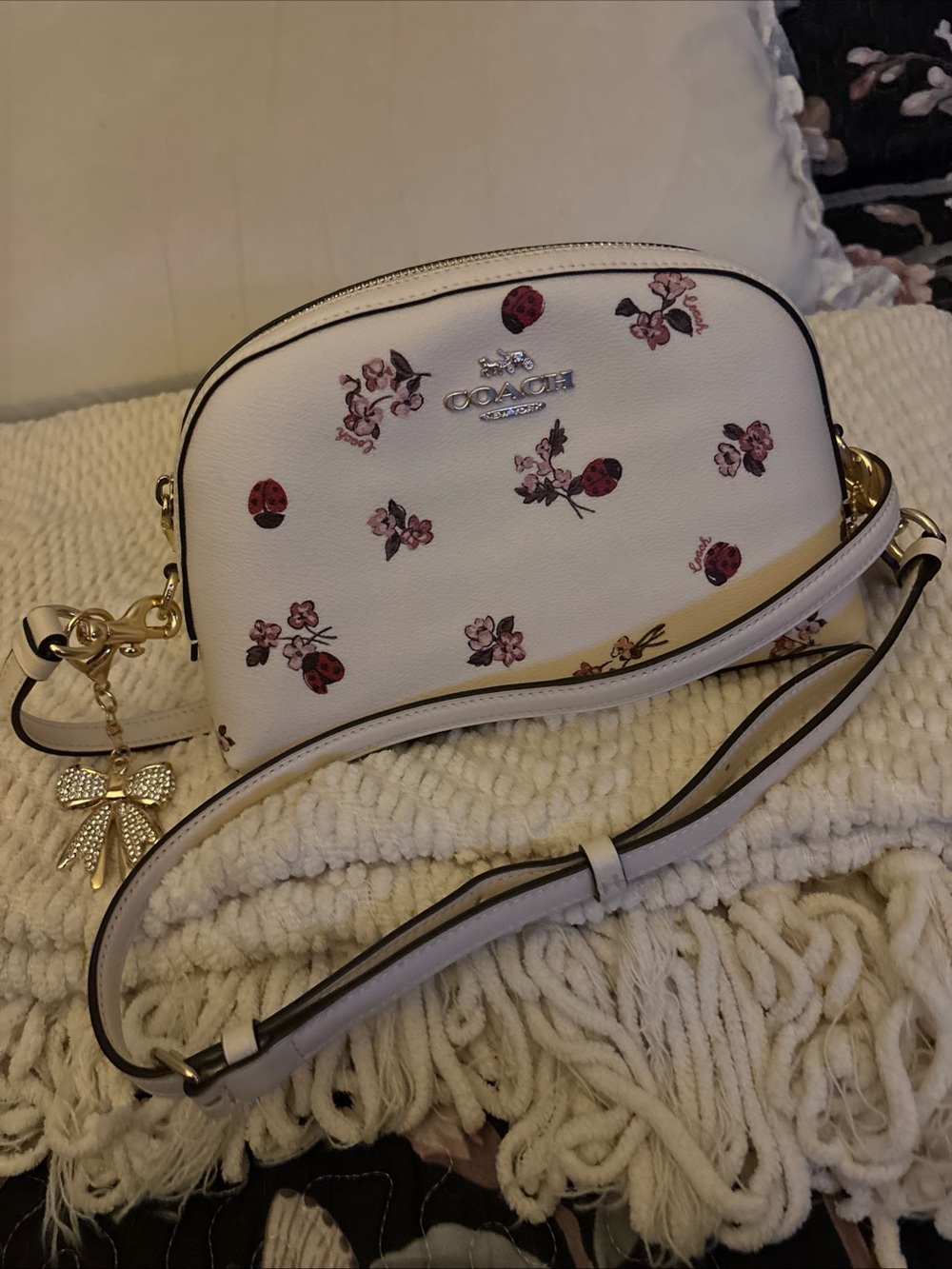 Coach White Crossbody with Pink and Red Floral & Ladybug Print CU273